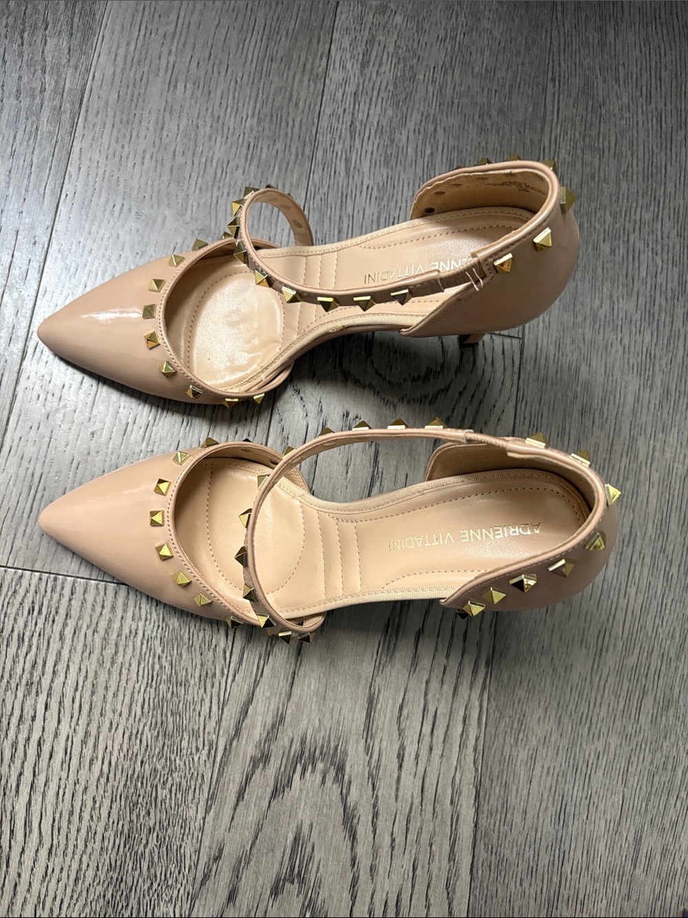 Adrienne Vittadini Blush Patent Pointed-Toe Heels with Gold Studs